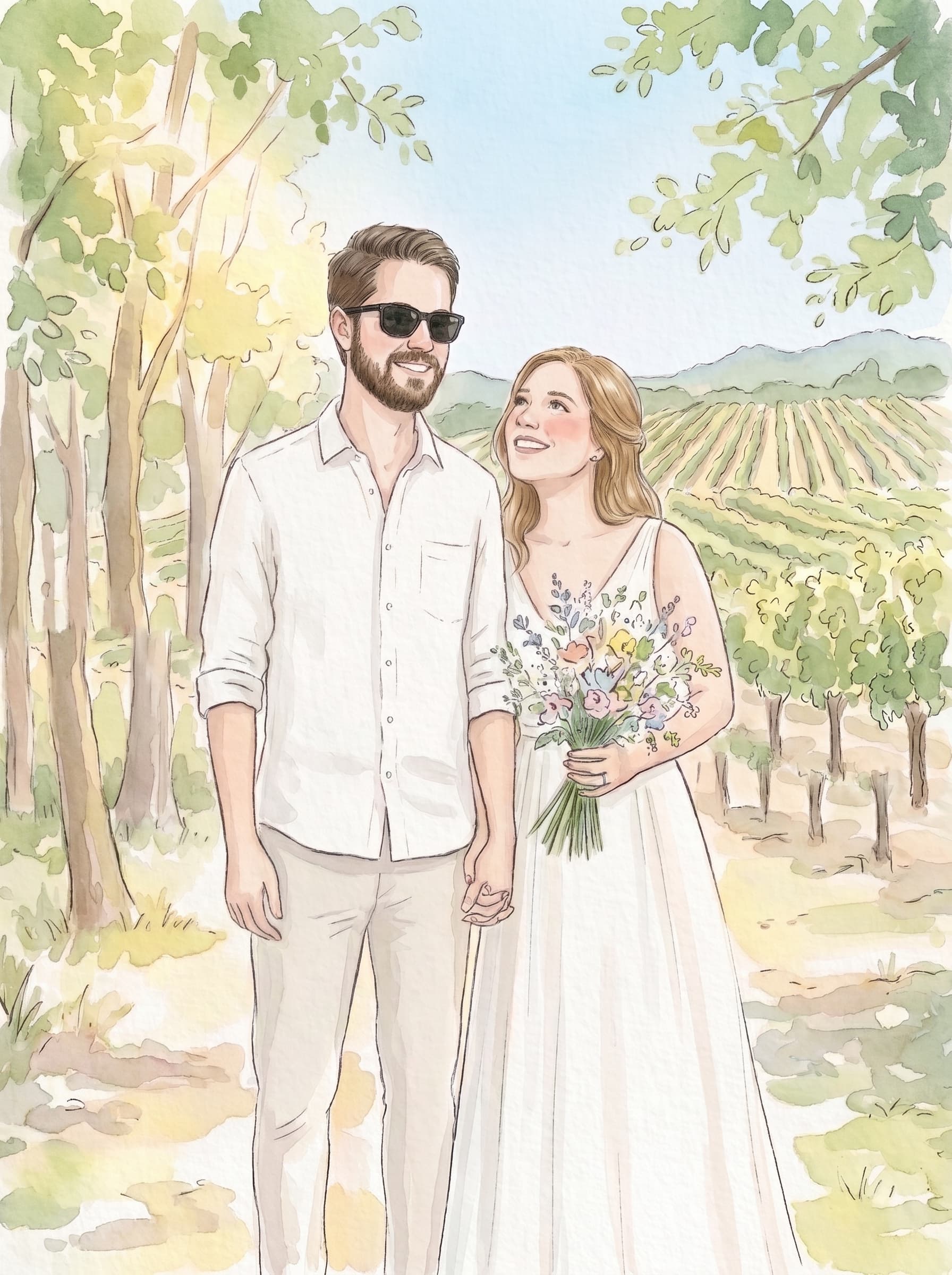 Aquarelle de Camille et Alexandre, main dans la main au milieu des vignes